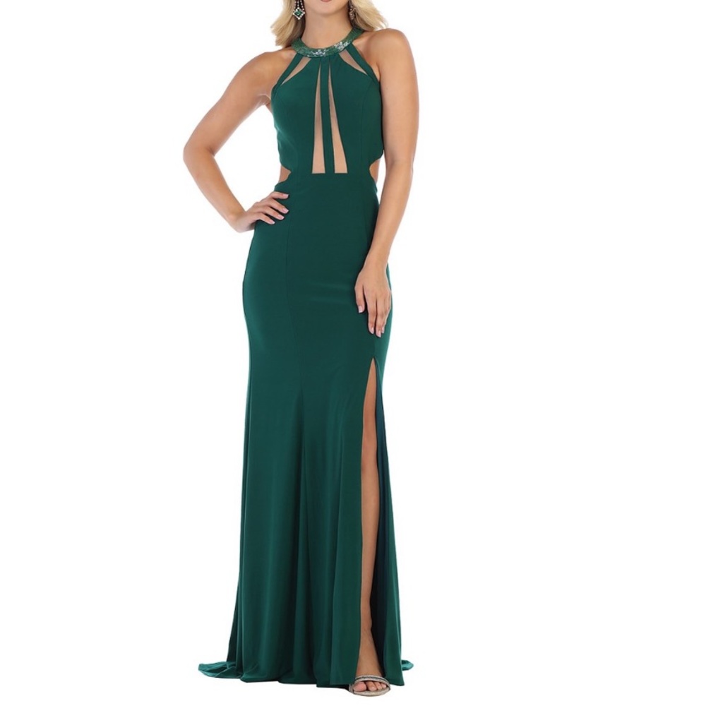 MayQueen - Hunter Green Strappy Side-Slit Gown - Women